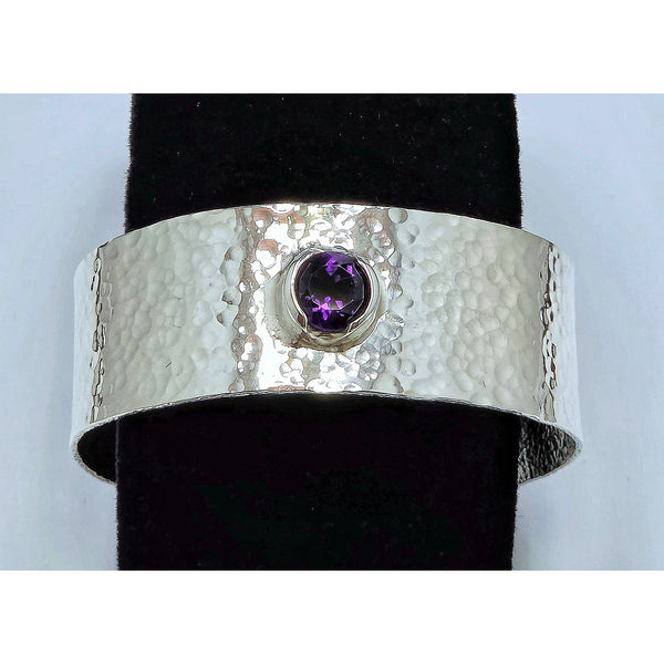 Hammered Sterling Silver Cuff Bracelet with Round Bezel-Set Amethyst Gemstone