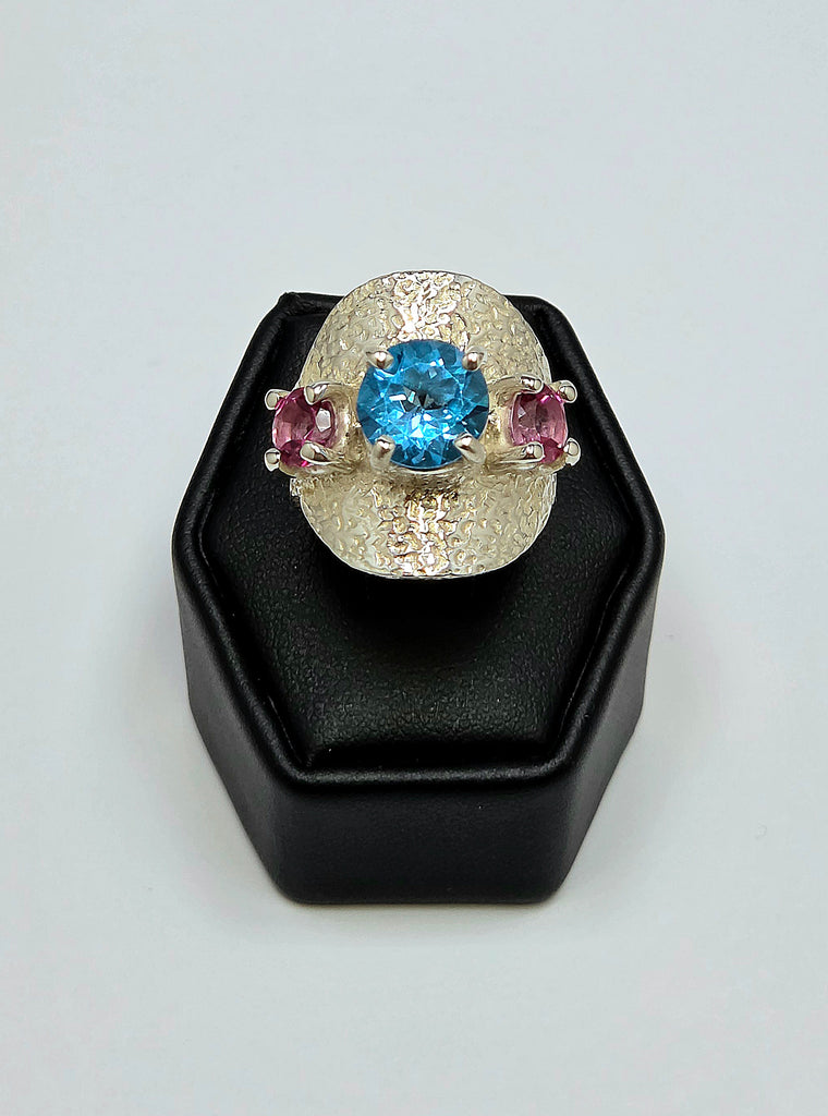 Three Stone Textured Sterling Silver Ring with Blue and Pink Topaz