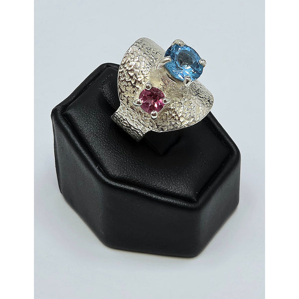 Three Stone Textured Sterling Silver Ring with Blue and Pink Topaz