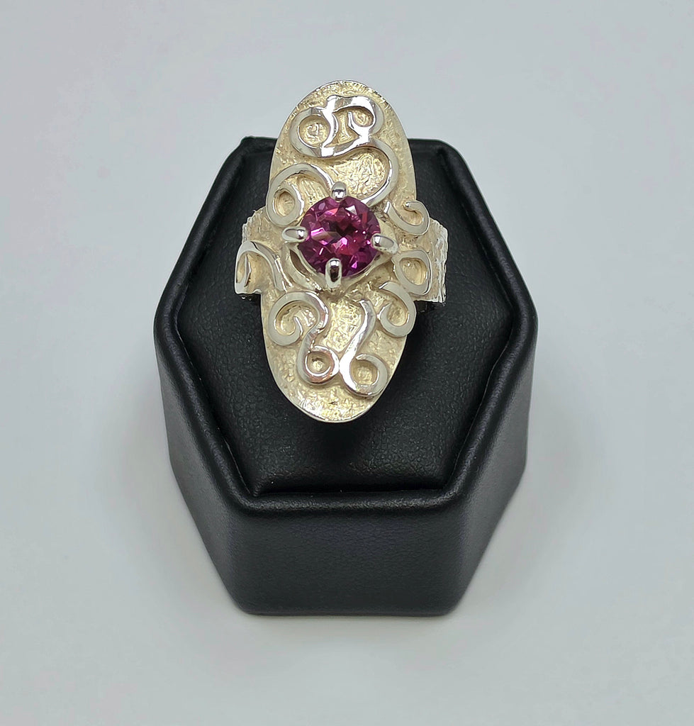 Long Textured Silver Ring with Pink Topaz