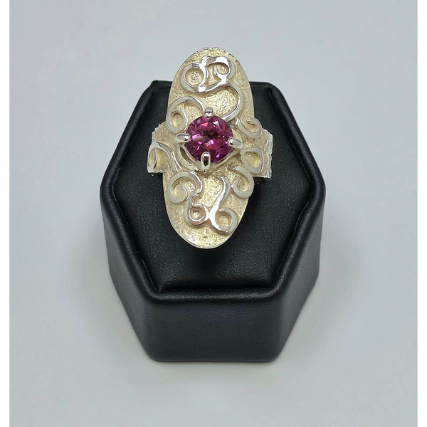 Long Textured Silver Ring with Pink Topaz