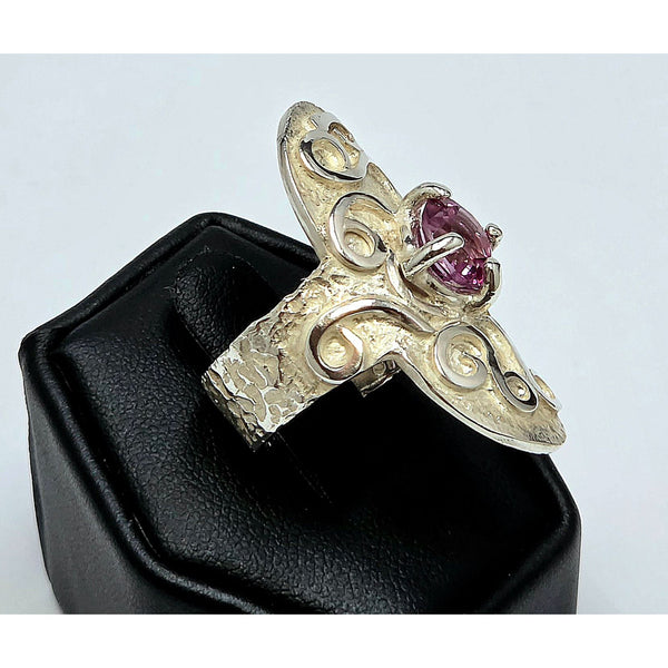 Long Textured Silver Ring with Pink Topaz