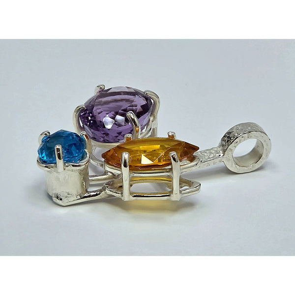 Three Stone Sterling Silver Cluster Pendant with Amethyst, Citrine and Blue Topaz