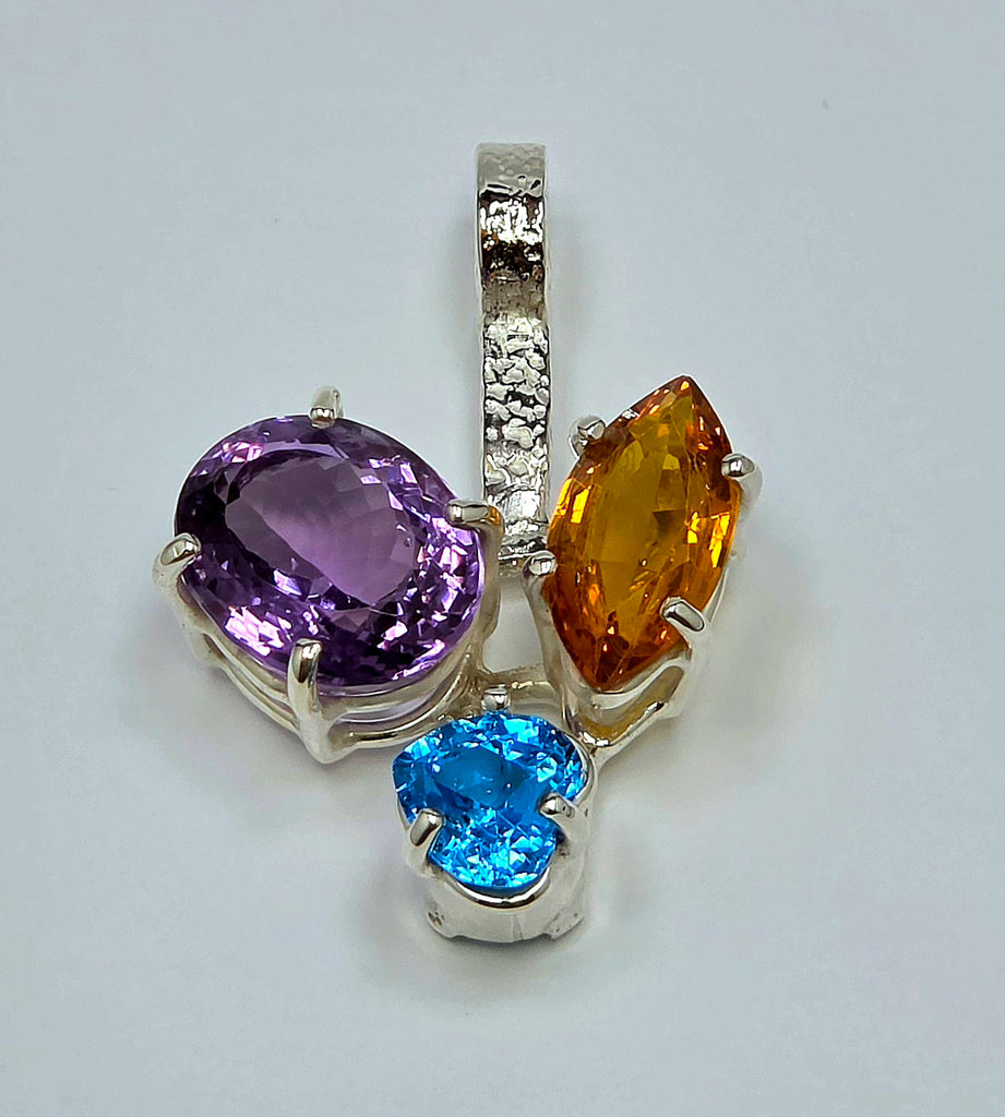 Three Stone Sterling Silver Cluster Pendant with Amethyst, Citrine and Blue Topaz