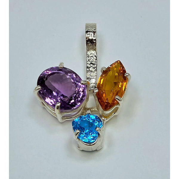 Three Stone Sterling Silver Cluster Pendant with Amethyst, Citrine and Blue Topaz