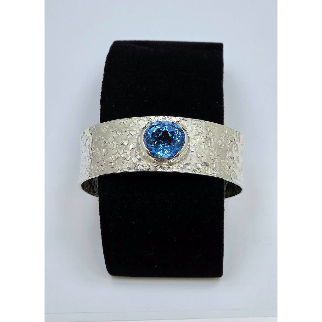 Hammered Silver Wide Band Cuff, Statement Blue Topaz Gemstone Bangle