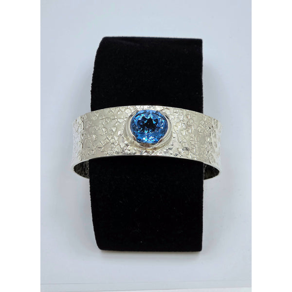 Hammered Silver Wide Band Cuff, Statement Blue Topaz Gemstone Bangle