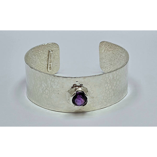 Hammered Sterling Silver Cuff Bracelet with Round Bezel-Set Amethyst Gemstone