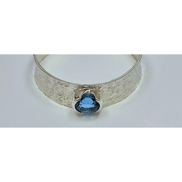 Hammered Silver Wide Band Cuff, Statement Blue Topaz Gemstone Bangle