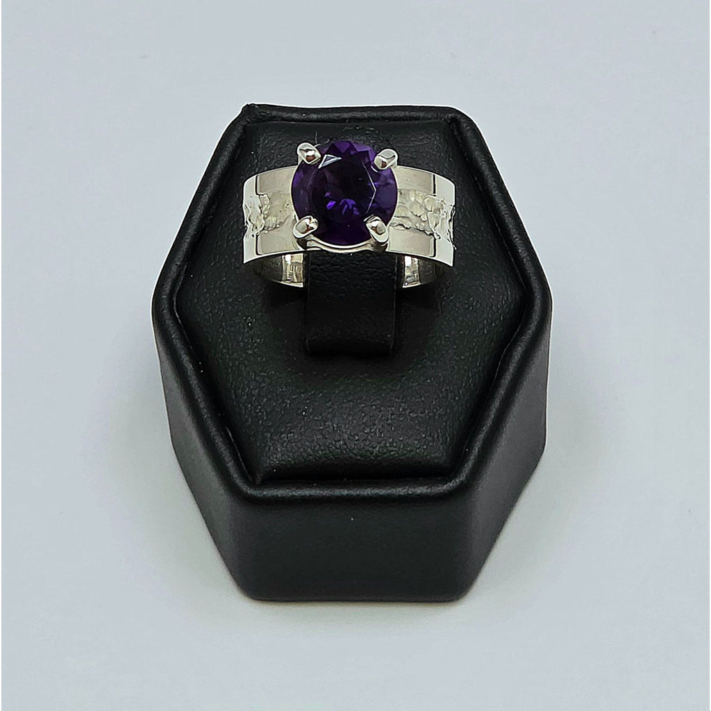 Chunky Textured Silver Solitaire Ring, Open Basket Round Amethyst Stone