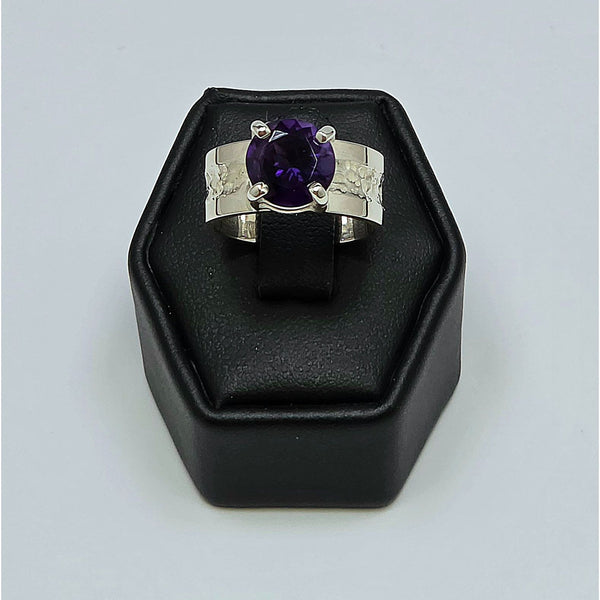 Chunky Textured Silver Solitaire Ring, Open Basket Round Amethyst Stone