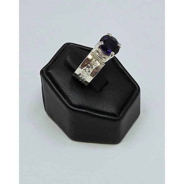 Chunky Textured Silver Solitaire Ring, Open Basket Round Amethyst Stone