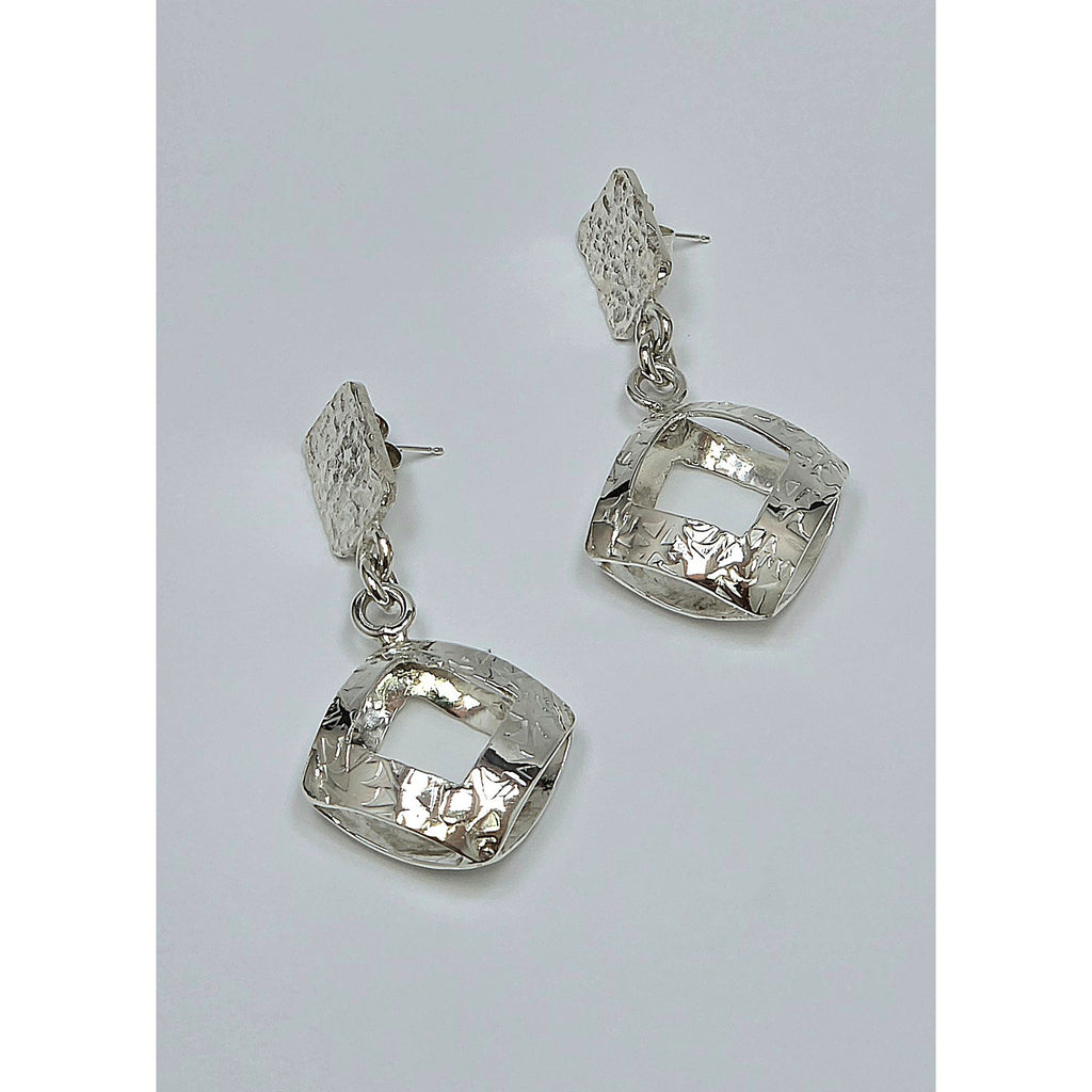Modernist Silver Open Geometric Earrings – 3D Curved Square Ribbon Dangles, Textured Abstract Statement Studs