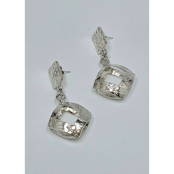 Modernist Silver Open Geometric Earrings – 3D Curved Square Ribbon Dangles, Textured Abstract Statement Studs