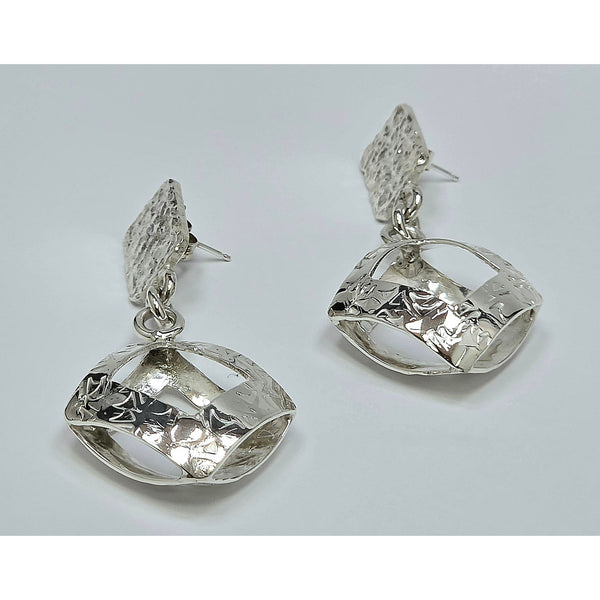 Modernist Silver Open Geometric Earrings – 3D Curved Square Ribbon Dangles, Textured Abstract Statement Studs