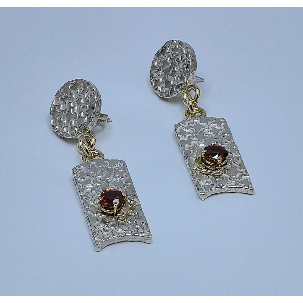 Spessartine Garnet Dangle Earrings with 18K Gold Accents – Textured Rectangular Drop Studs