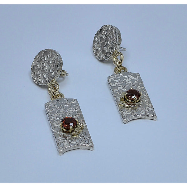 Spessartine Garnet Dangle Earrings with 18K Gold Accents – Textured Rectangular Drop Studs
