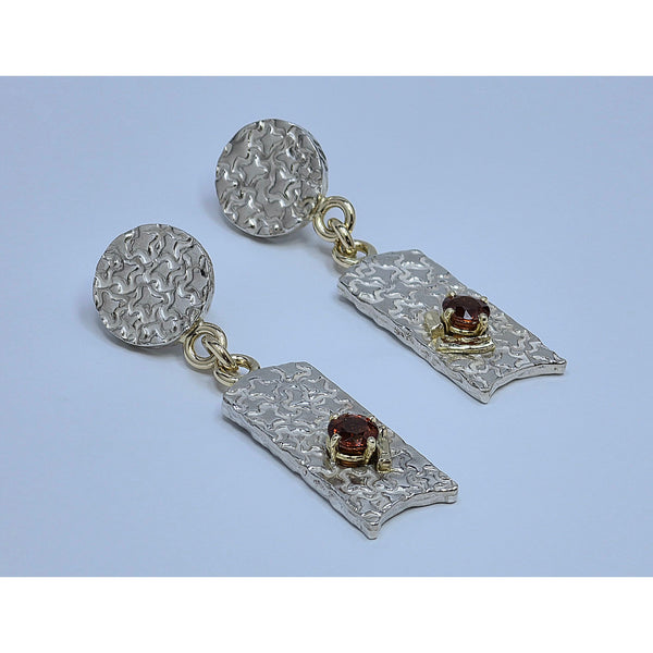 Spessartine Garnet Dangle Earrings with 18K Gold Accents – Textured Rectangular Drop Studs