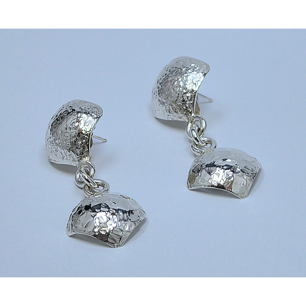 Sterling Silver Hammered Pebble Drop Earrings – Textured Concave Post Dangles