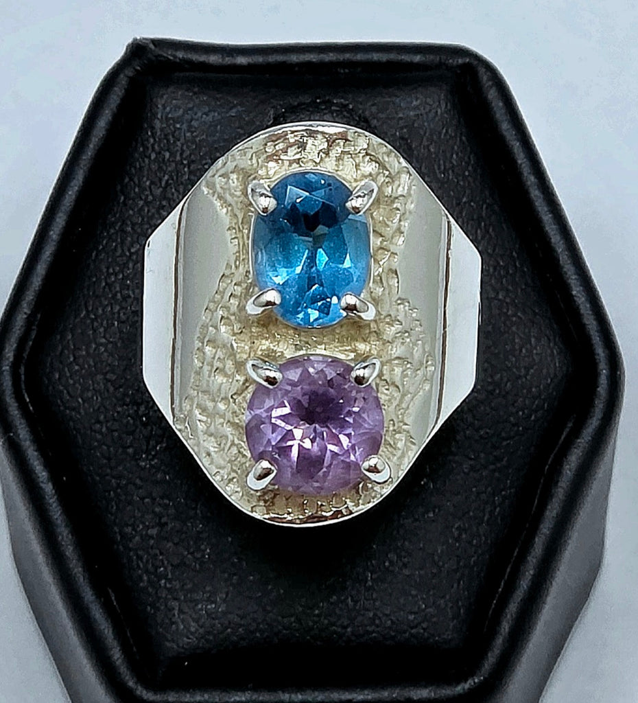 Blue Topaz and Amethyst Textured Sterling Silver Shield Ring