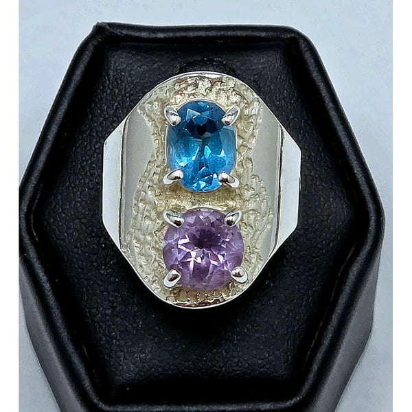Blue Topaz and Amethyst Textured Sterling Silver Shield Ring