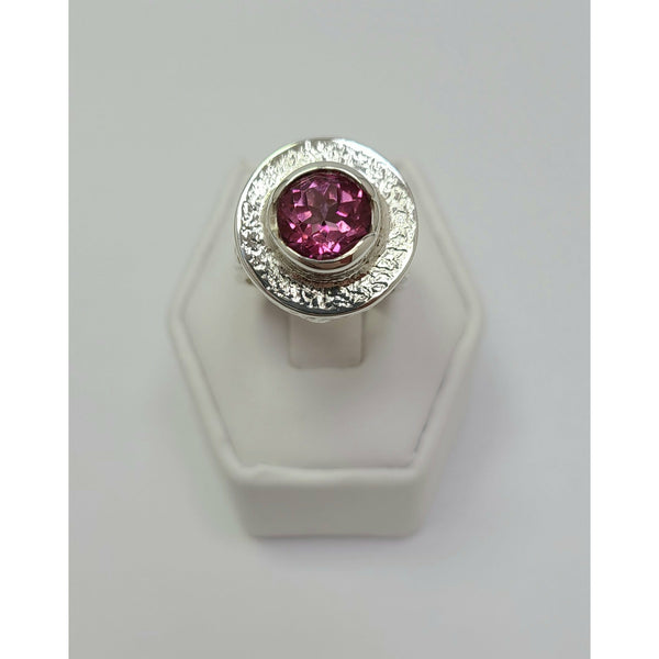 Pink Topaz sitting on textured circle Ring