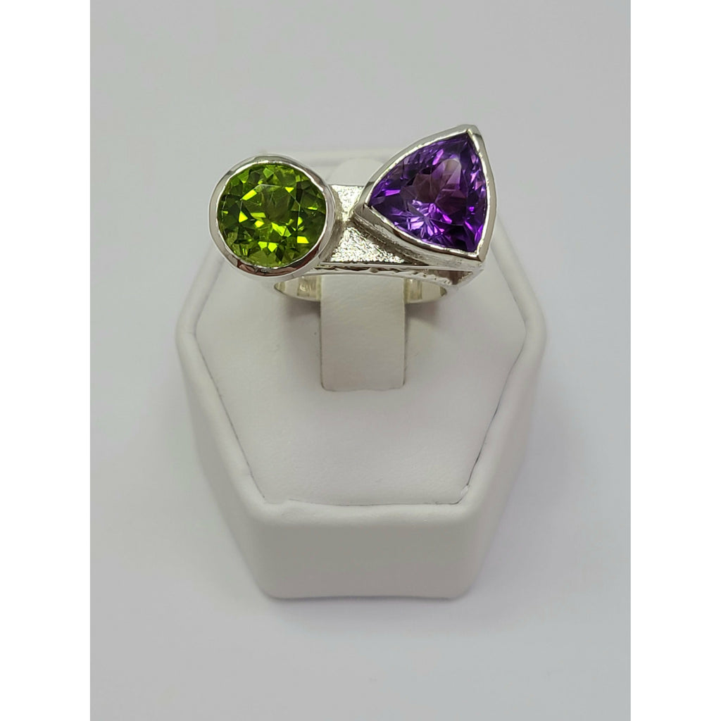 Triangular Amethyst and round Peridot Ring