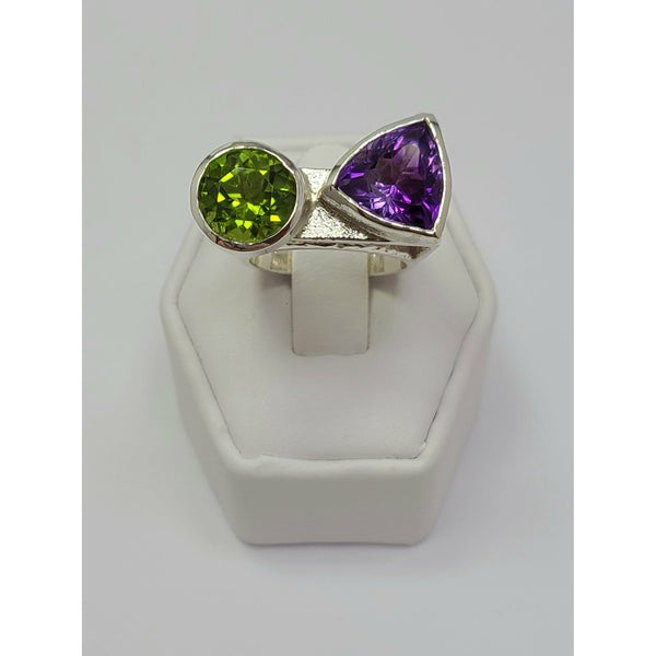 Triangular Amethyst and round Peridot Ring