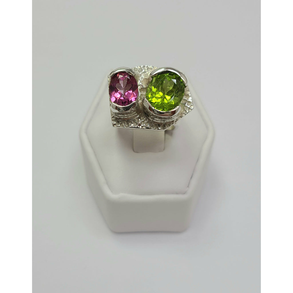 Pink Topaz and Peridot with soft square band Ring