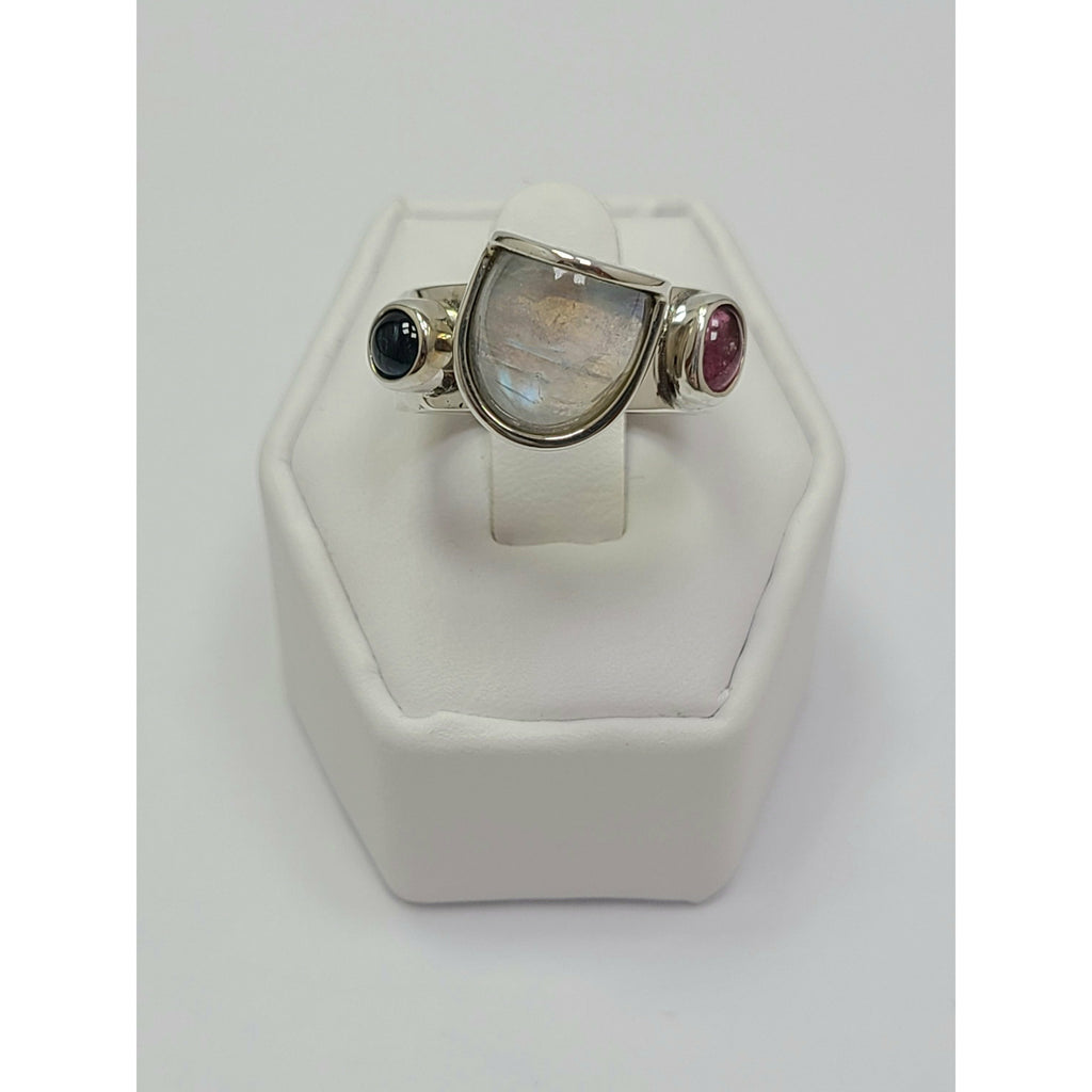 Moonstone with Blue and Pink Topaz Ring