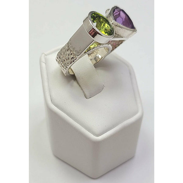 Triangular Amethyst and round Peridot Ring